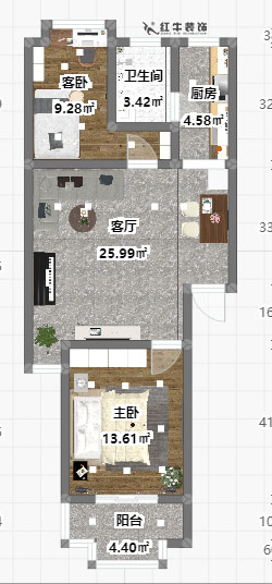 魏明花_一品嘉園2-305-76㎡-簡約風(fēng)格_2室1廳1衛(wèi)_成品家￥117416→00彩平圖