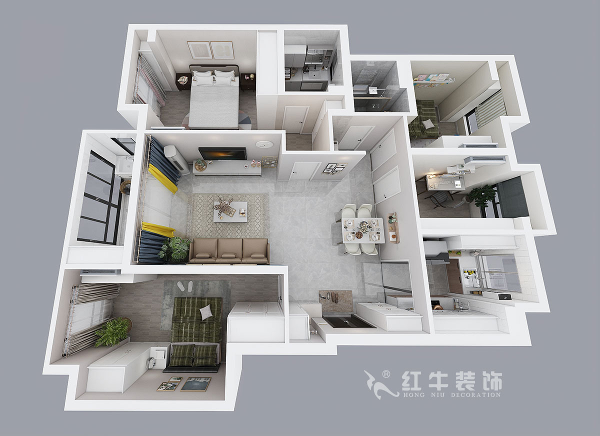 吳波｜湖光晨樾2-402-108㎡-現(xiàn)代風格｜4室2廳2衛(wèi)｜新房裝修｜定制家￥129152｜全包13萬｜00_04鳥瞰圖