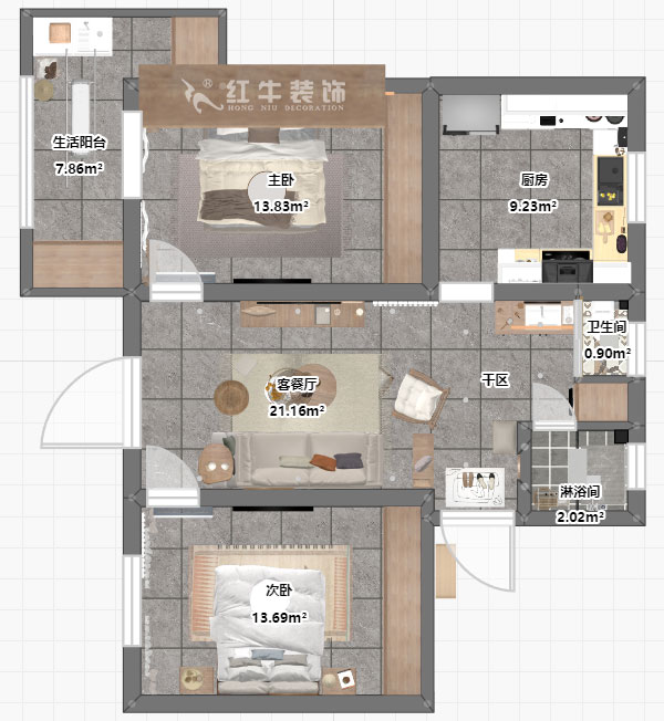 朱明琪｜有福家苑34-104-82㎡-現(xiàn)代簡約原木風格｜2室2廳1衛(wèi)｜老房裝修｜定制家￥131000｜全包14萬｜00_03平面彩圖