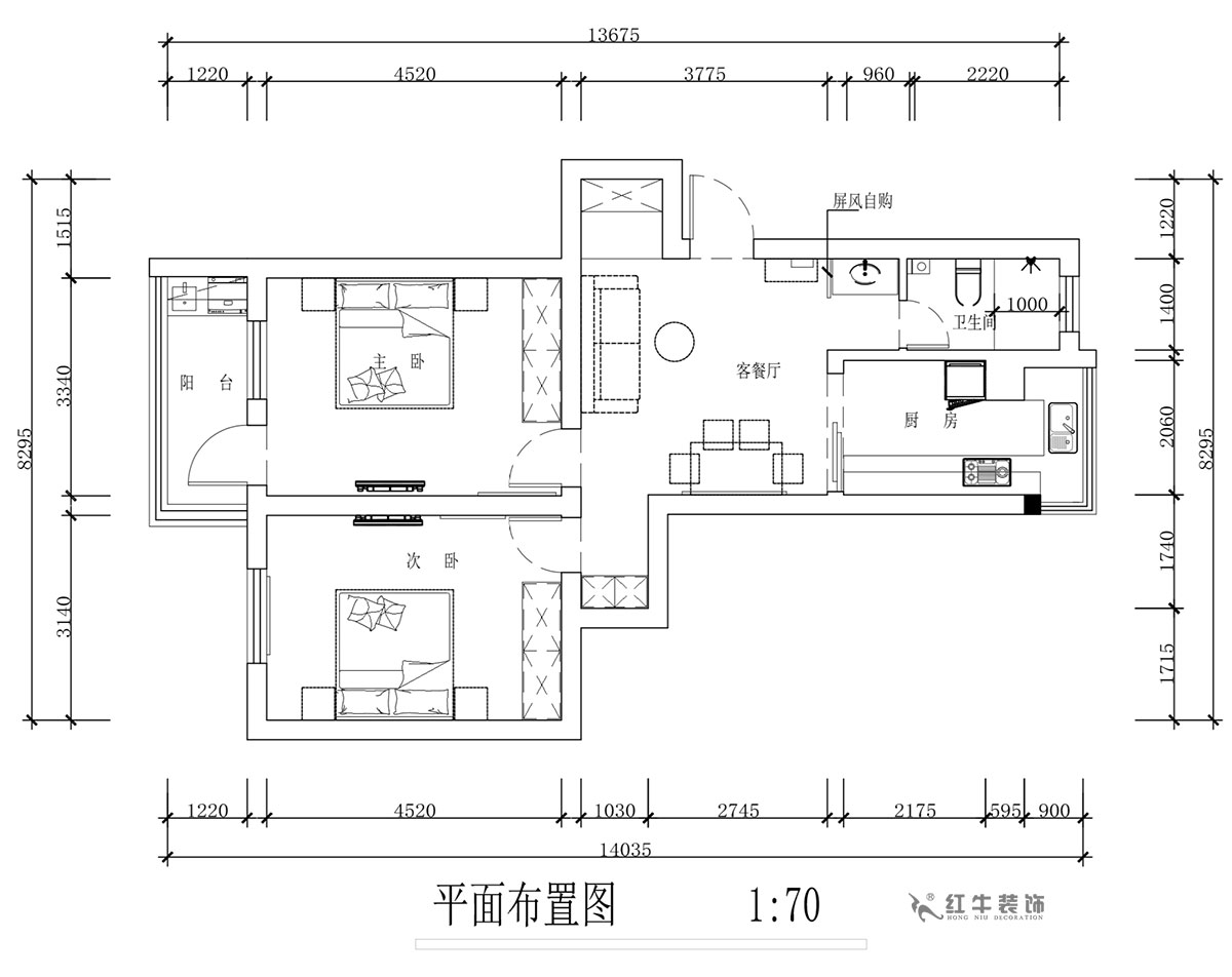 蔣?。蔡┐?1-401-80㎡-現(xiàn)代簡約風格｜2室1廳1衛(wèi)｜舊房裝修｜定制家￥126767｜全包12萬｜00_02平面布置圖