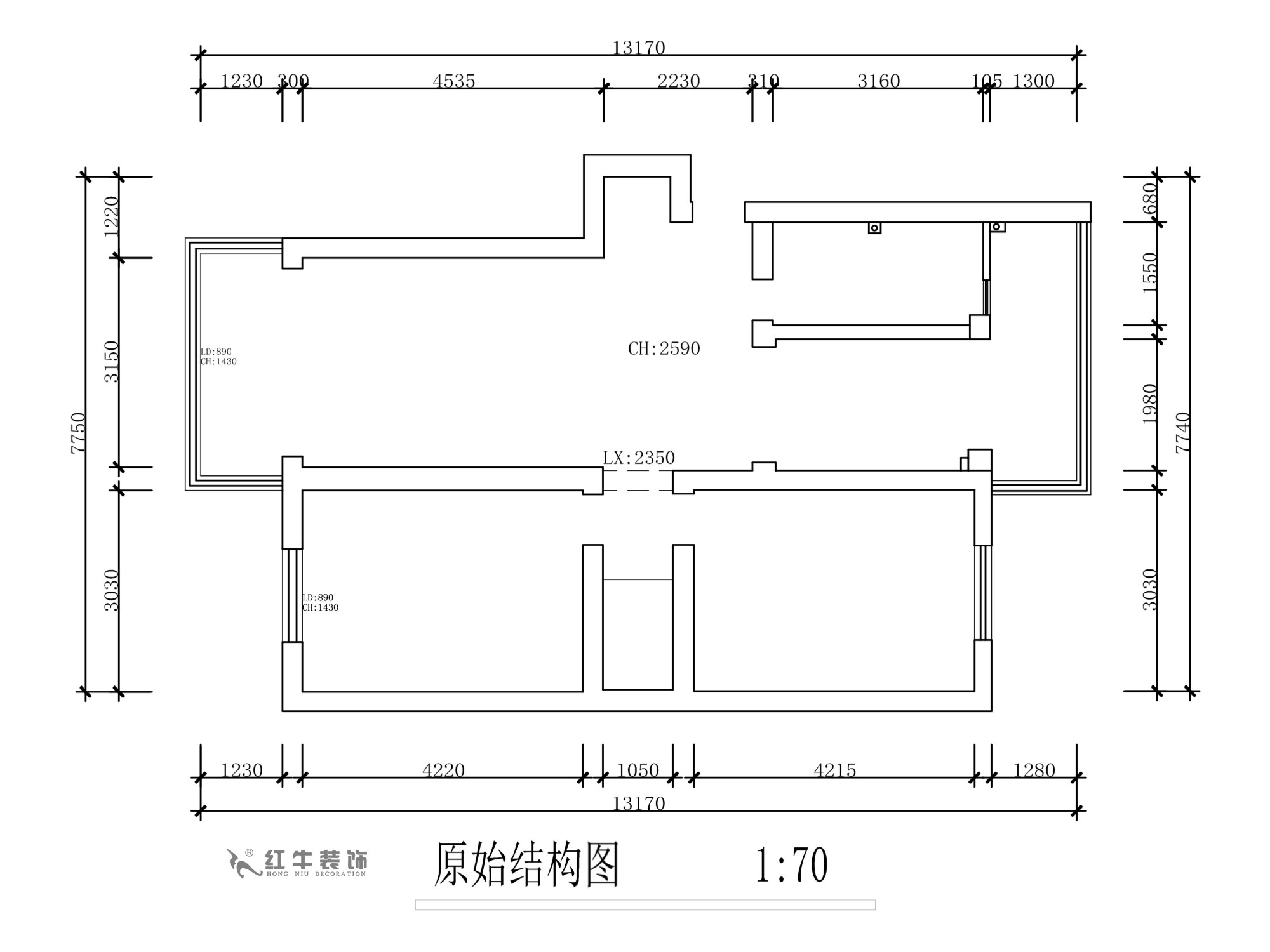 蔣?。旄@43-401-90㎡-現(xiàn)代簡約風(fēng)格｜2室1廳1衛(wèi)｜舊房裝修｜定制家￥122757｜全包12萬｜00_01原始結(jié)構(gòu)圖