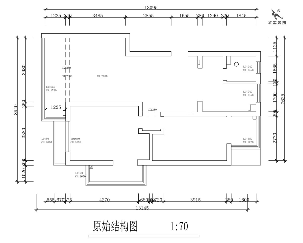 蔣?。霄沃腥A廣場(chǎng)11-601-110㎡-現(xiàn)代簡(jiǎn)約風(fēng)格｜2室2廳1衛(wèi)｜舊房裝修｜定制家￥140400｜全包15萬(wàn)｜00_01原始結(jié)構(gòu)圖