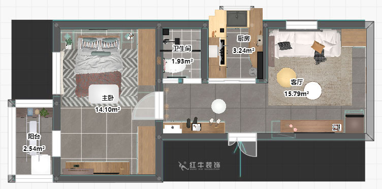 孟憲濤｜大光路菜市口1號(hào)2-2-205-50㎡-簡(jiǎn)約風(fēng)格｜1室1廳1衛(wèi)｜老房裝修｜定制家｜全包9萬(wàn)｜00_03平面彩圖