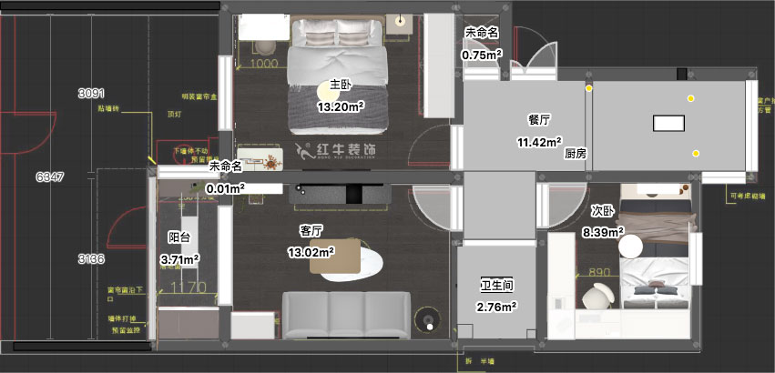蔣?。驳吕?0號(hào)玻纖院小區(qū)14-103-65㎡-現(xiàn)代簡(jiǎn)約風(fēng)格｜3室1廳1衛(wèi)｜老房裝修｜定制家｜全包10萬(wàn)｜00_03平面彩圖