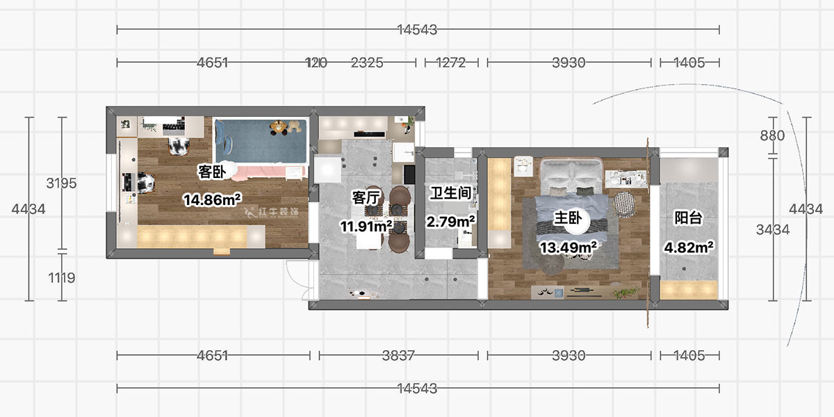 顧娟｜游府新村14-53-702-60㎡-現(xiàn)代簡約風(fēng)格｜2室2廳1衛(wèi)｜舊房裝修｜定制家｜全包11萬｜00_03平面彩圖