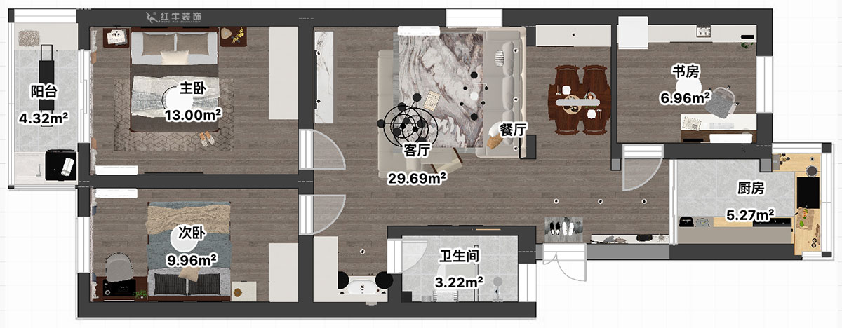 吳波｜寧工新寓一村44-502-90㎡-現(xiàn)代簡(jiǎn)約風(fēng)格｜3室2廳1衛(wèi)｜舊房裝修｜定制家｜全包12萬(wàn)｜00_04平面彩圖
