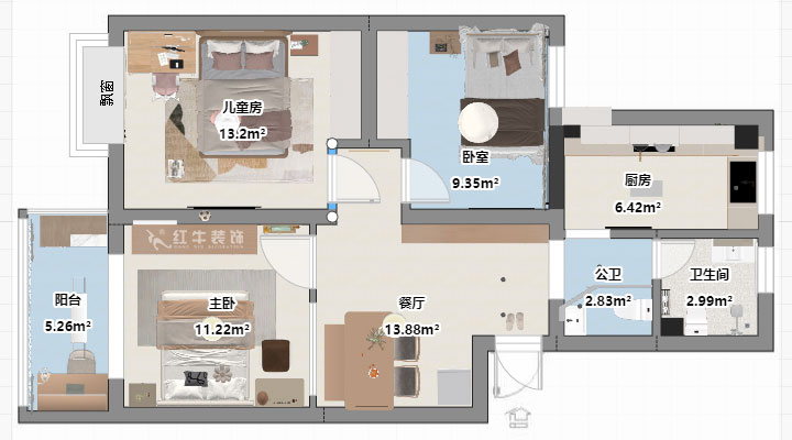 劉曉芳｜江南明珠33-3-306-84㎡-奶油風格｜3室2廳1衛(wèi)｜老房裝修｜定制家｜全包10